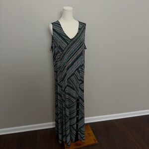 Susan Graver Dress Maxi Slinky Stretch Travel Buttons Geometric Dots Black Green